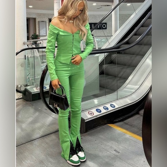 ZARA Green Apple Off Shoulder Blazer High Waist Front Slit Pants Matching SET XS - Picture 2 of 8